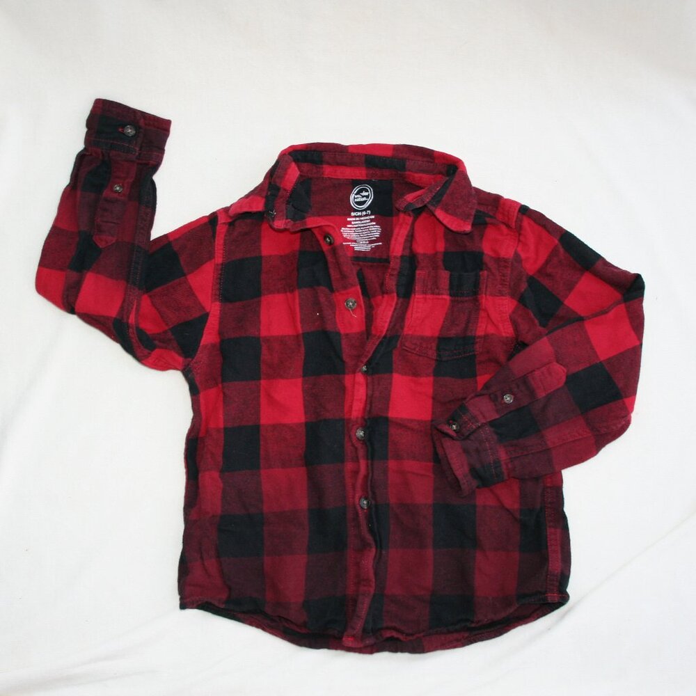 🍁 CHECKER OMBRE FLANNEL SHIRT RED BLACK BUTTON DOWN TOP PLAID WARM KID BOY 6 7